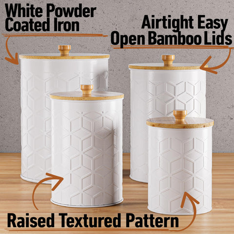 HB Design Co canisters matte white texture with bamboo lids, side view