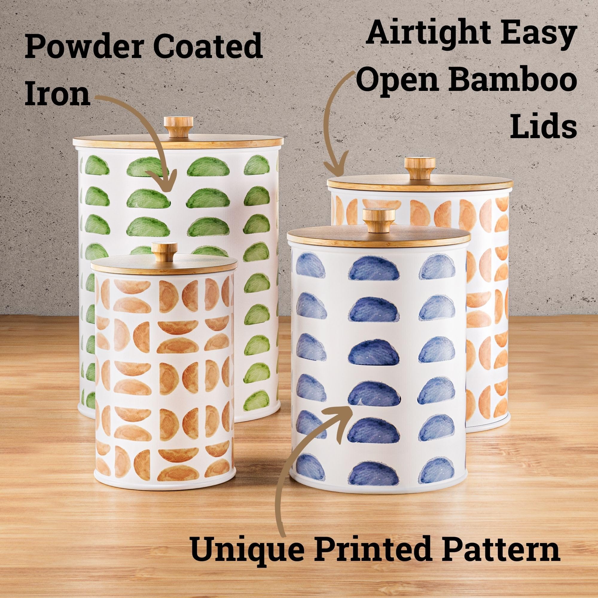 Wide-mouth patterned iron canisters with lids for easy scooping