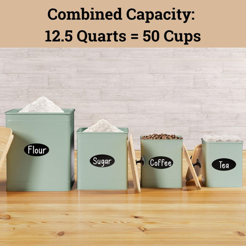 HB Design Co square iron canisters with sage finish and comfortable handles.