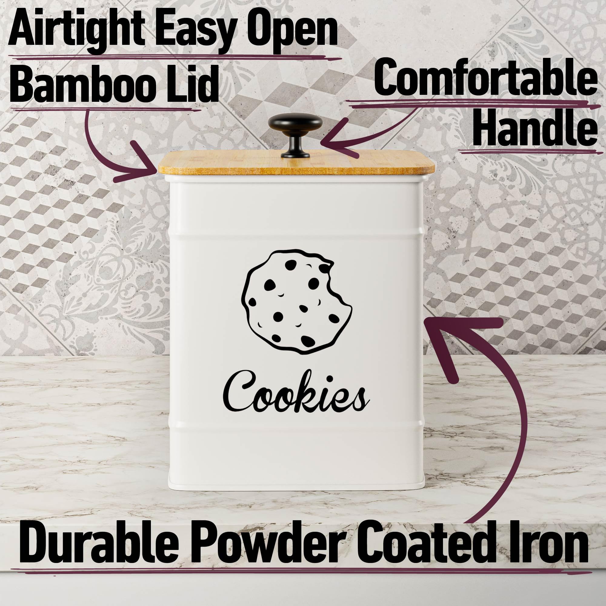 HB Design Co. white iron cookie tin showcases durable, decorative kitchen storage.