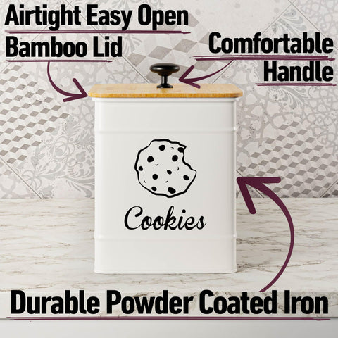HB Design Co. white iron cookie tin showcases durable, decorative kitchen storage.