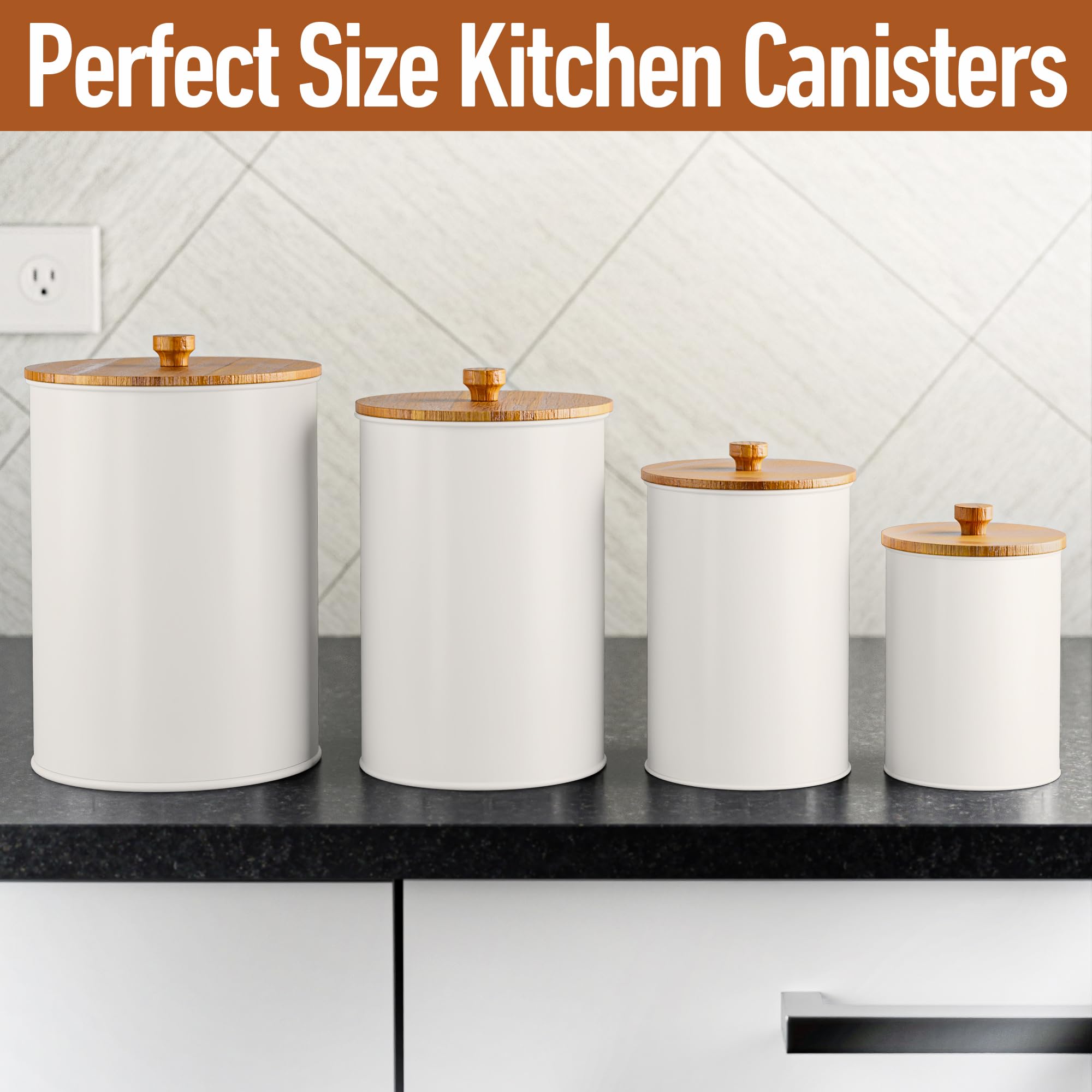 HB Design Co white kitchen canisters with bamboo lids suited for farmhouse or modern kitchens