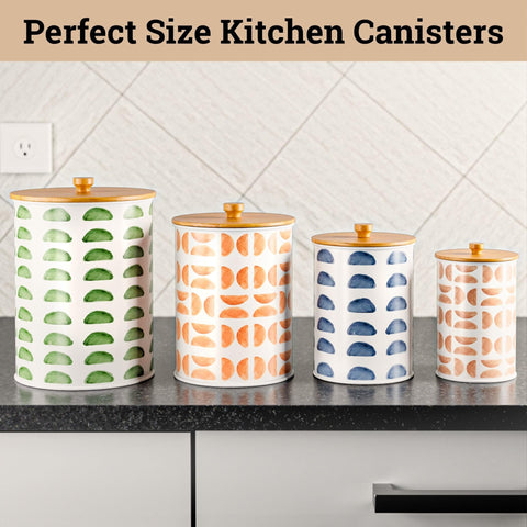 White patterned HB Design Co canisters on a countertop, farmhouse feel
