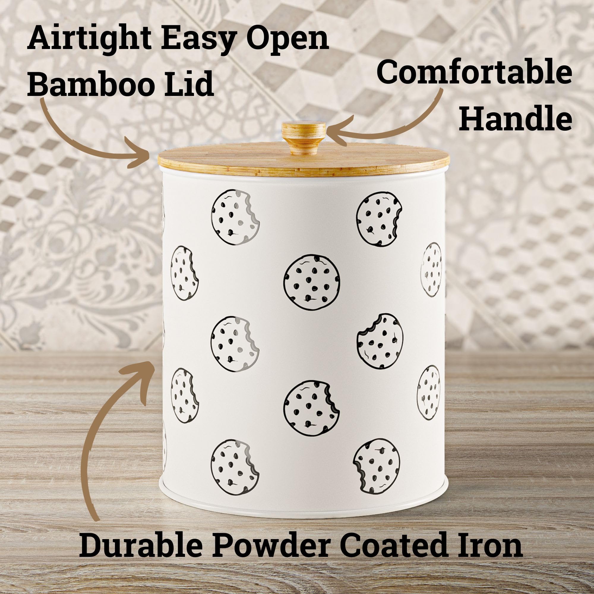 HB Design Co white metal cookie tin on counter displays clean farmhouse style