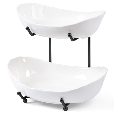 HBlife 3-tier ceramic fruit stand on kitchen counter showcasing organized produce.