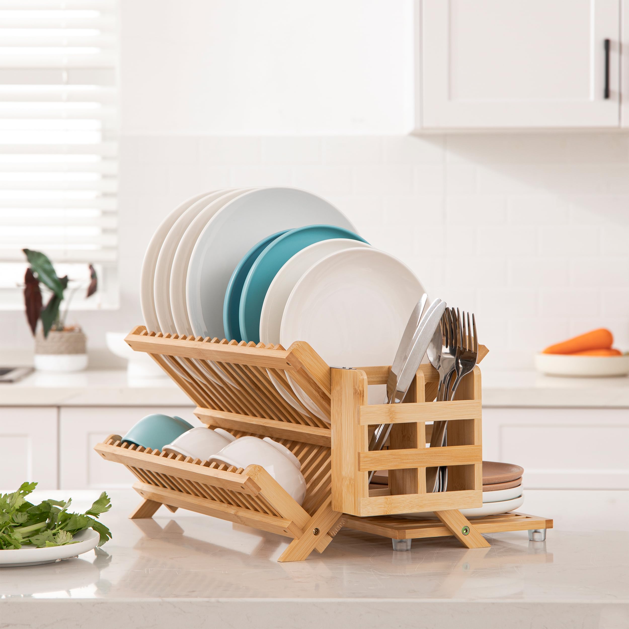 HBlife bamboo dish drying rack bottom drain holes promote quick water drainage