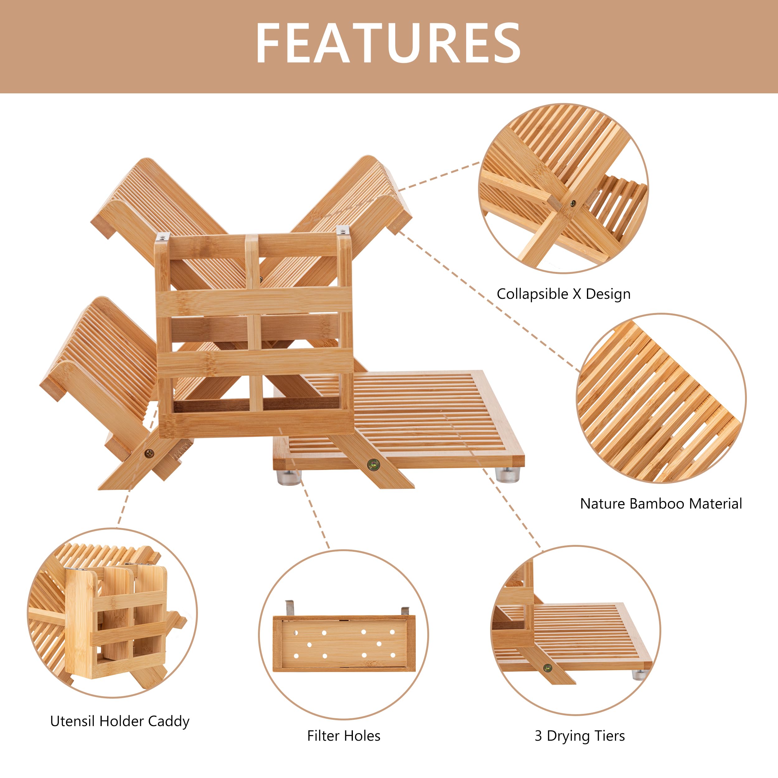 HBlife bamboo dish drying rack lower tier fits mugs and small plates neatly