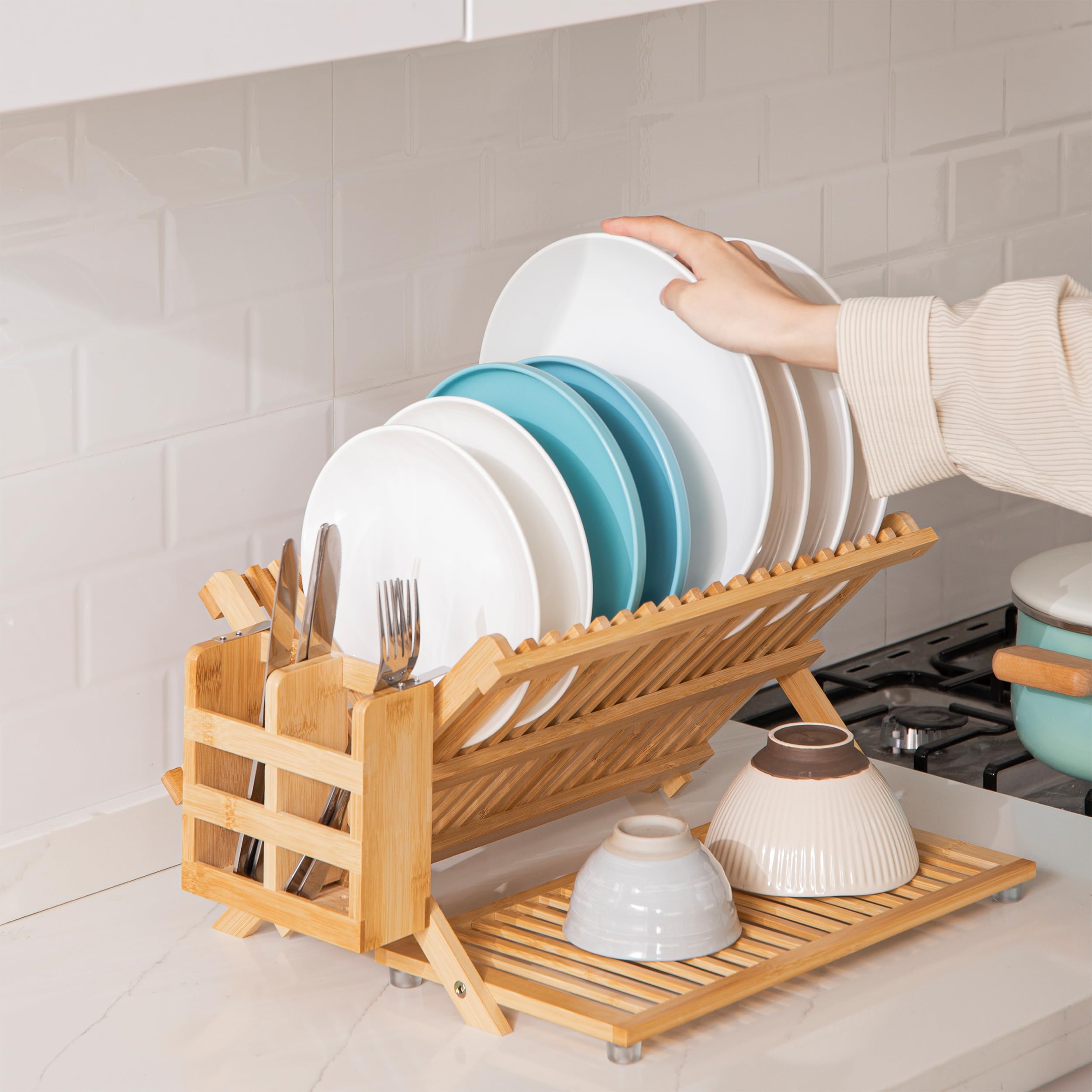 HBlife bamboo dish drying rack natural bamboo finish adds warmth to kitchen