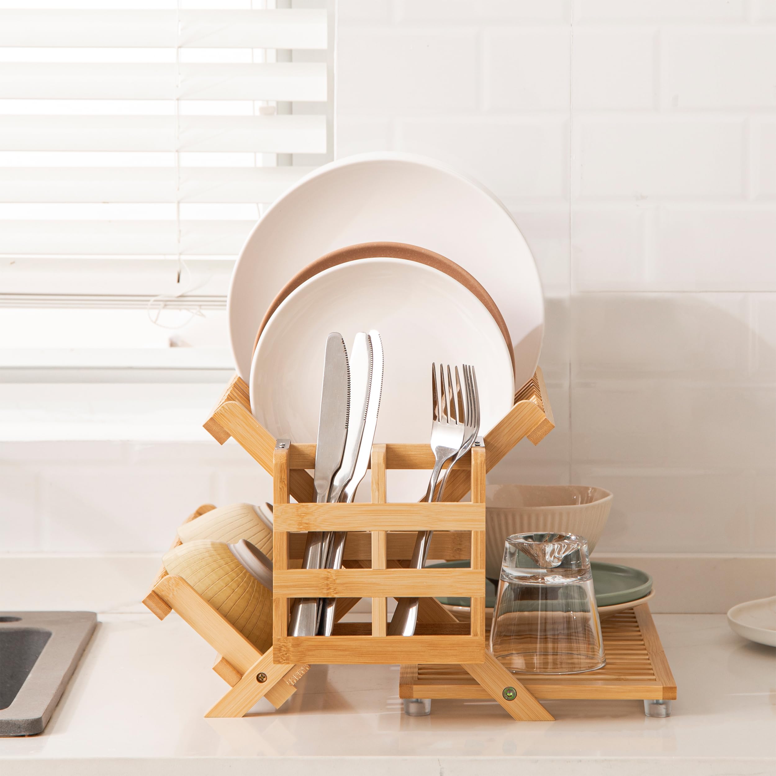 HBlife bamboo dish drying rack X shape collapses for compact storage