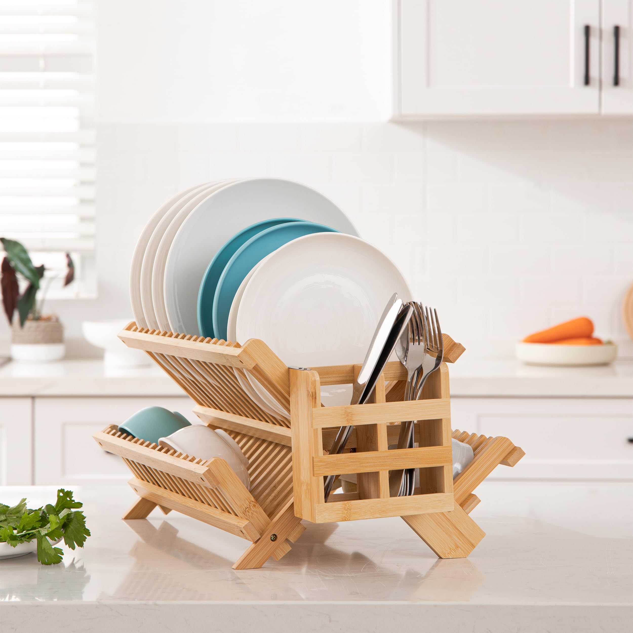 HBlife bamboo rack lower tier fits mugs and cups, saving counter space.