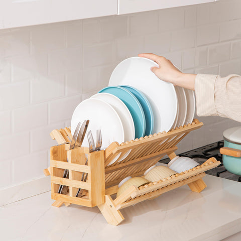 HBlife dish rack's wooden aesthetic blends with modern kitchens.