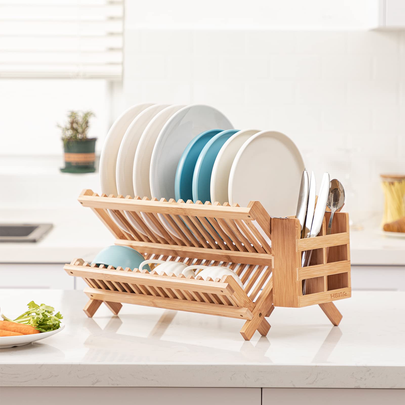 HBlife dish rack 2-tier collapsible demonstrates compact kitchen storage.