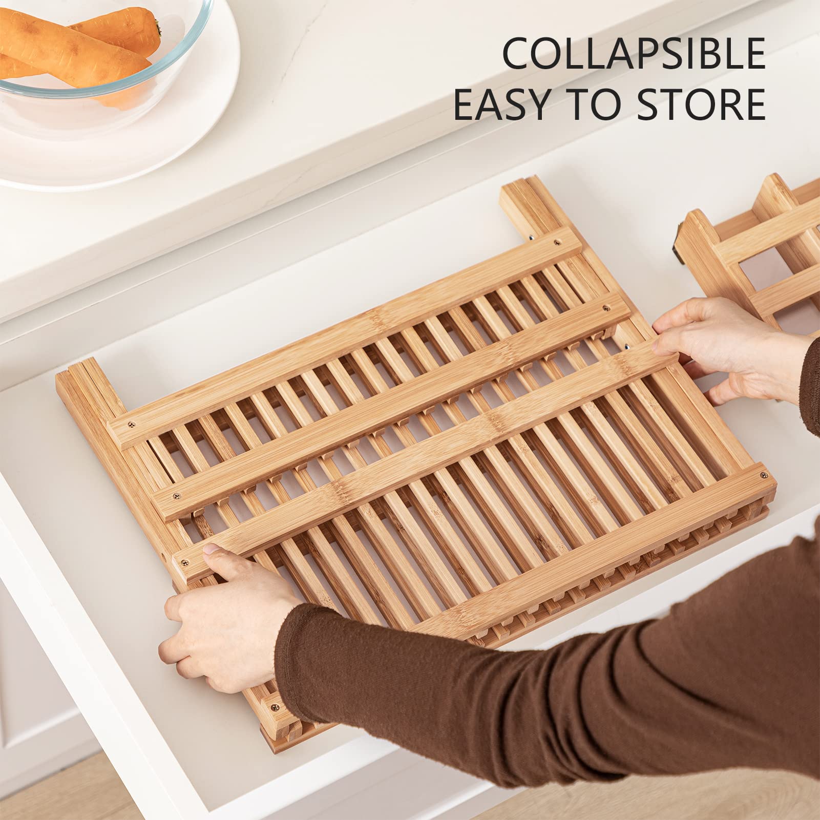 HBlife bamboo dish rack open area shows ample drying space.
