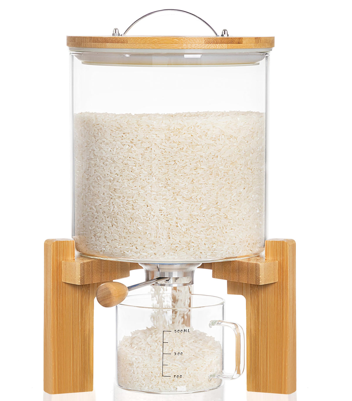HBlife glass rice dispenser on wooden stand for precise portions and easy visibility.