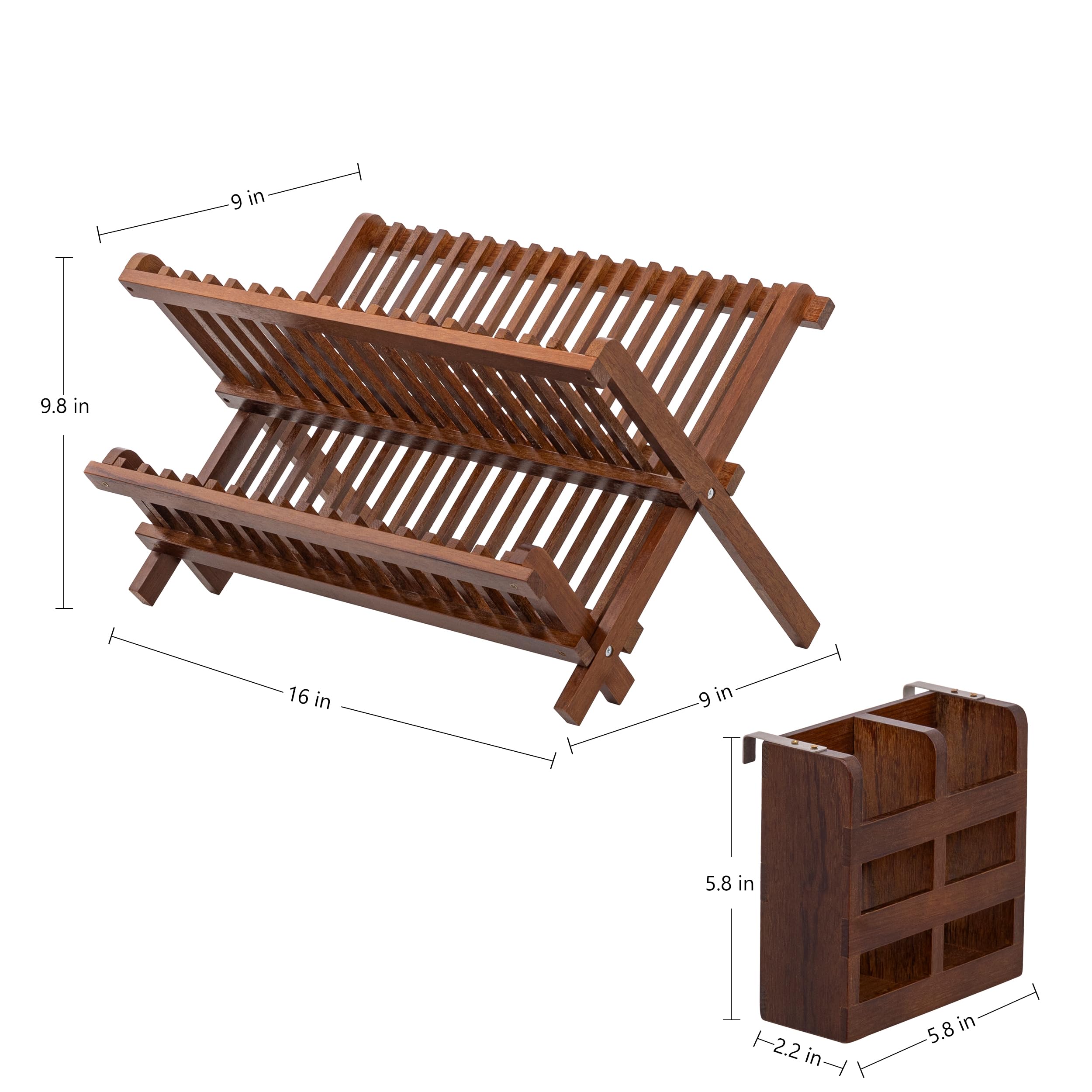 HBlife teak dish rack open view highlights spacious upper tier for plates.