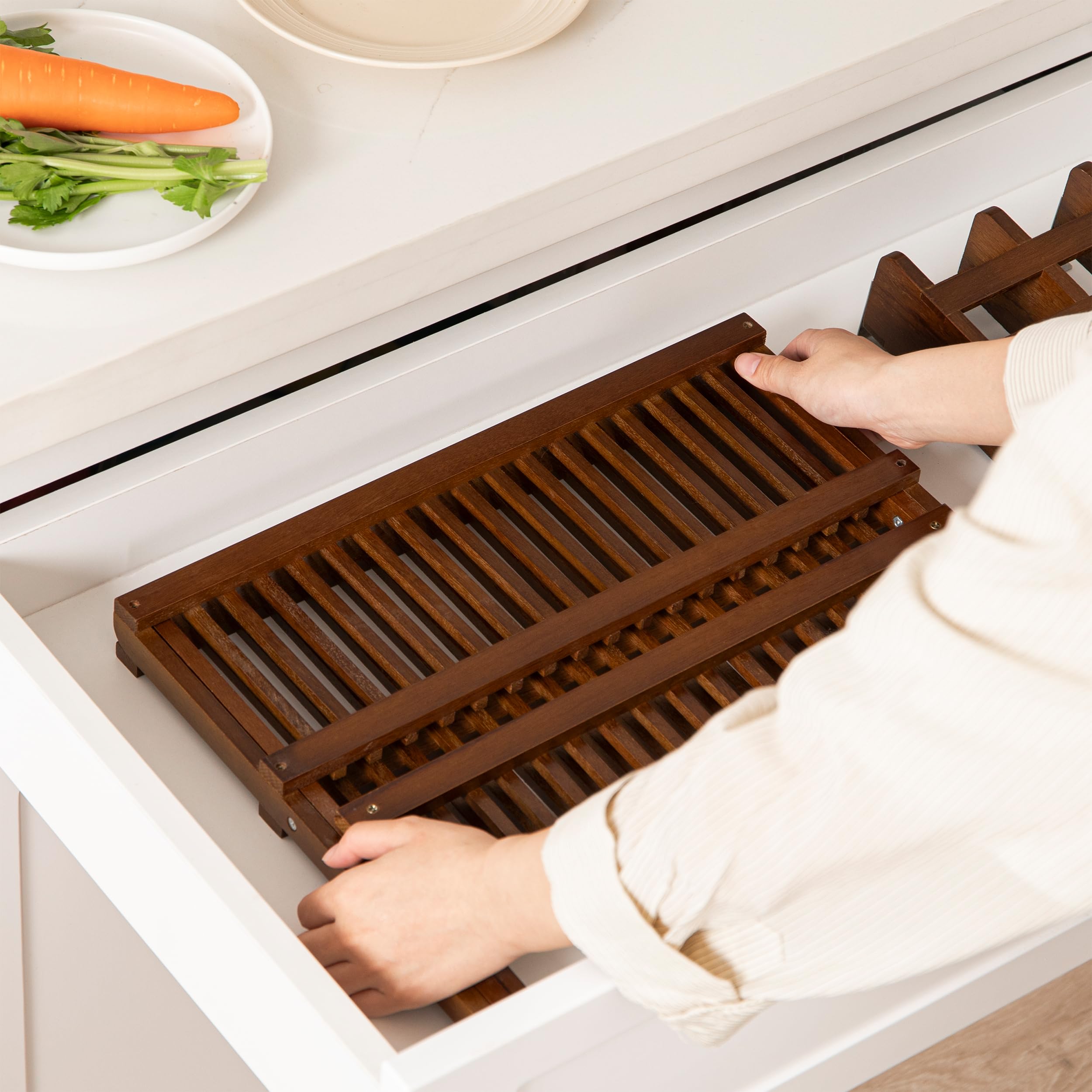 HBlife teak dish rack shows water drainage holes to prevent pooling.