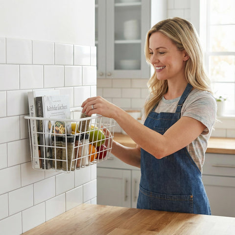 Bathroom storage basket neatly holds cosmetics and toiletries