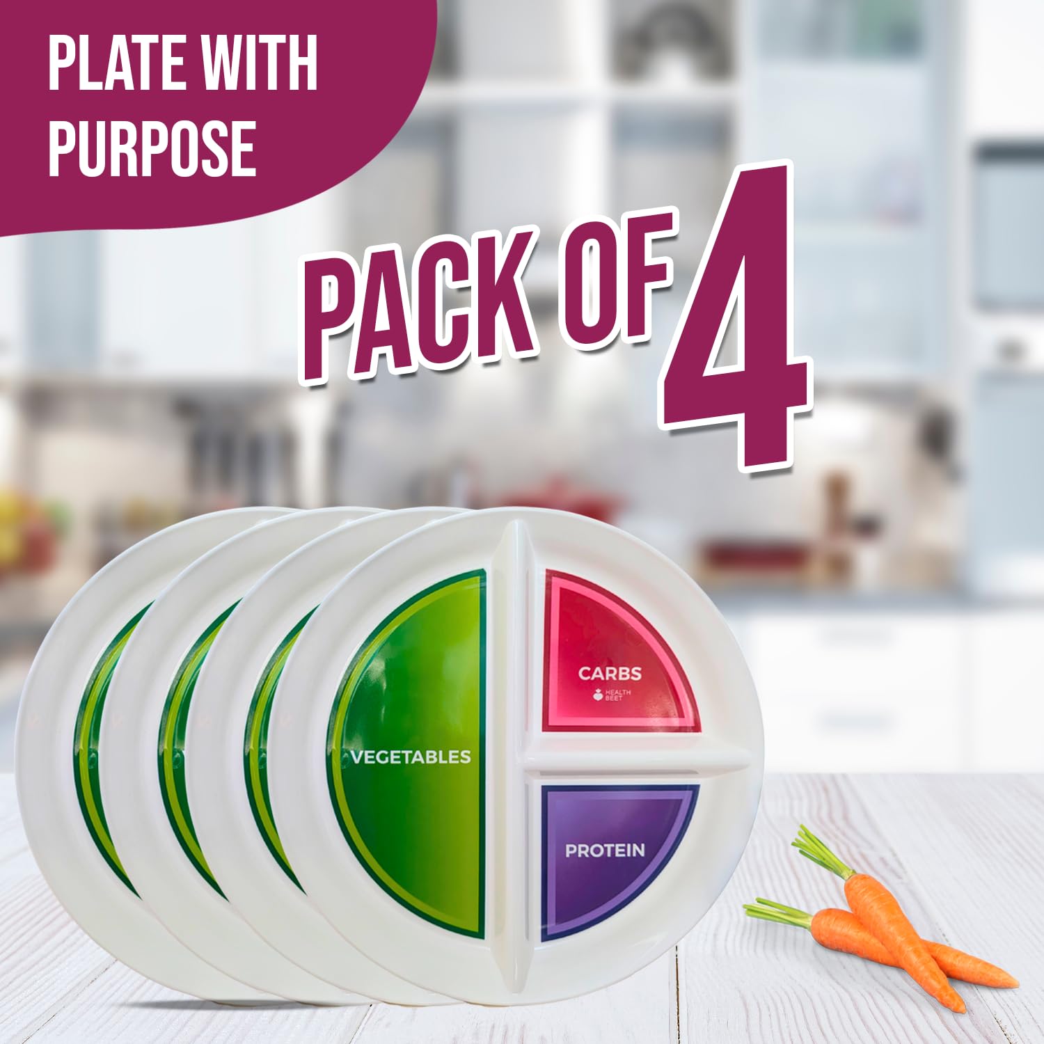 Health Beet plate highlights veggies section for easy vegetable portions.