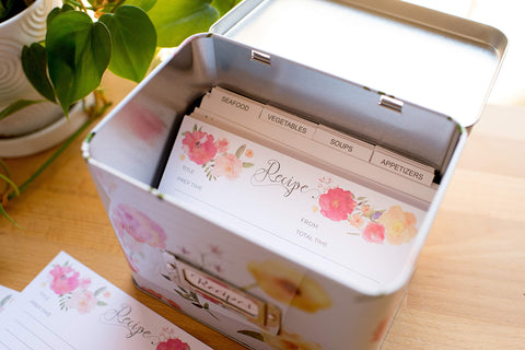 Heart & Berry recipe box open lid showcases contents for the kitchen.