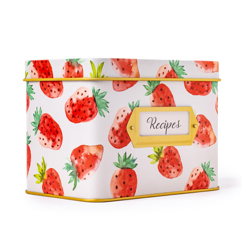 Heart & Berry strawberry recipe box front view showing organized storage