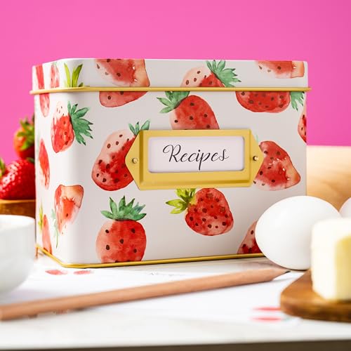 Heart & Berry strawberry recipe box inside tin illustrating compact 4x6 card storage