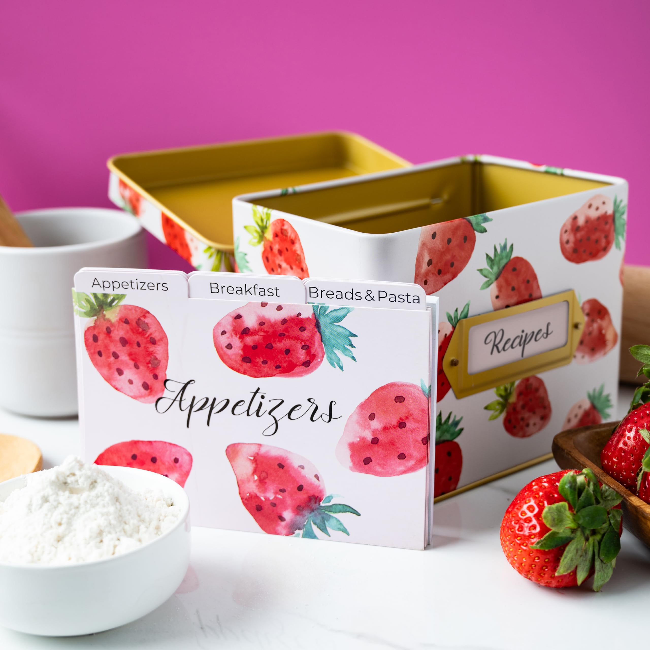 Heart & Berry strawberry recipe box with 24 recipe cards ready for use