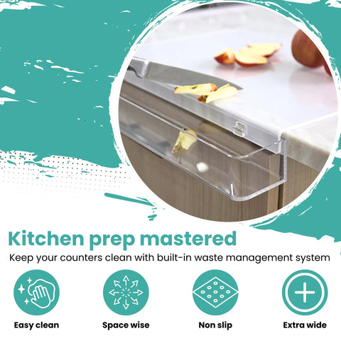 HearthCollections clear cutting board with waste tray helps organize scraps during prep