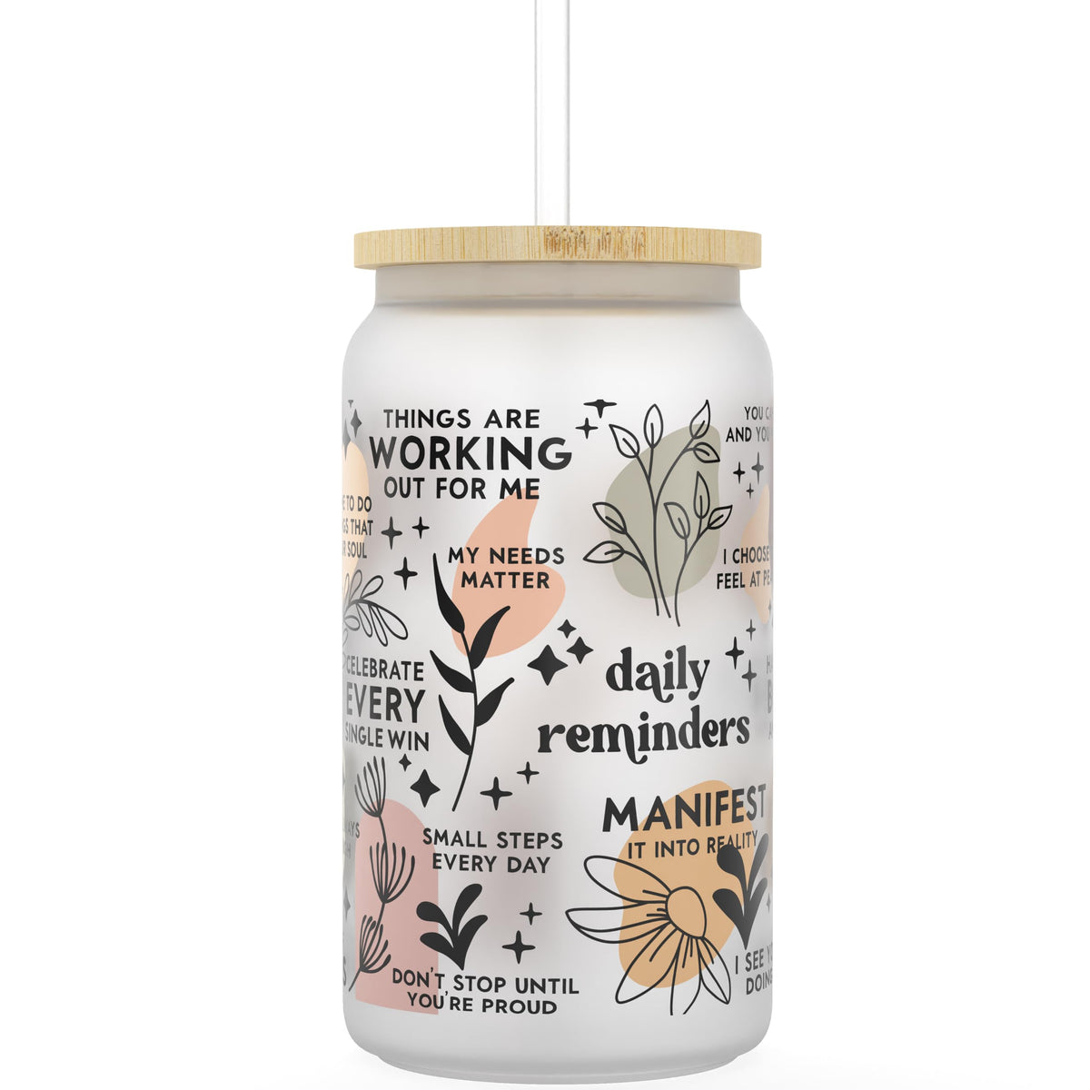 Heather & Willow frosted glass cup with bamboo lid for mindful sipping at home