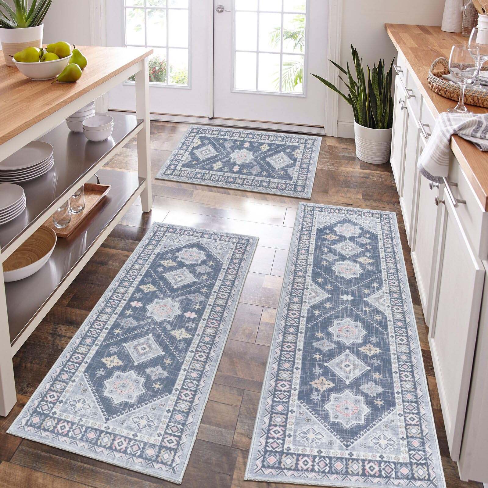 HEBE RUGS boho kitchen rug set with runner protects floors while adding style.