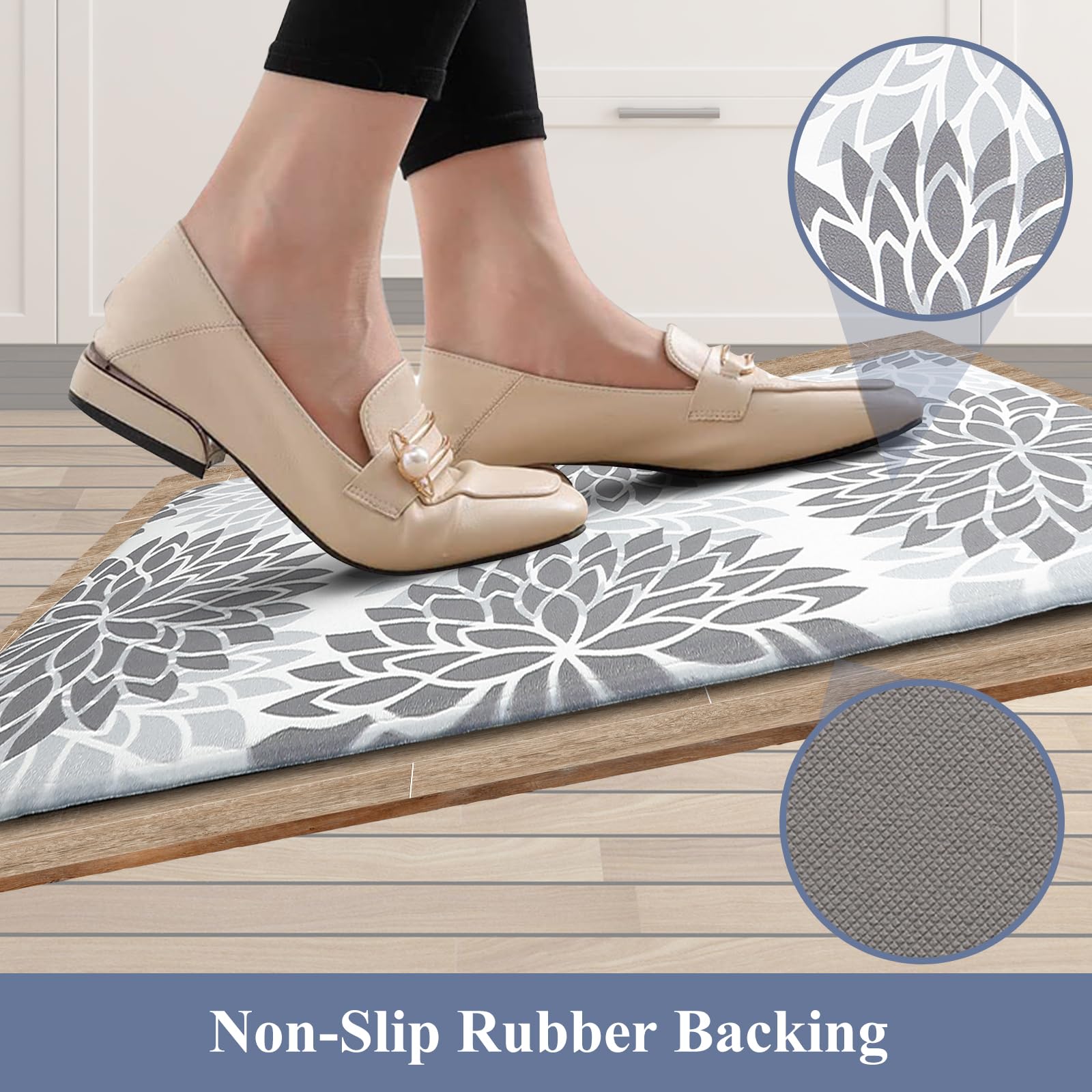 HEBE non-slip backing with beveled edges keeps mats flat and safe.