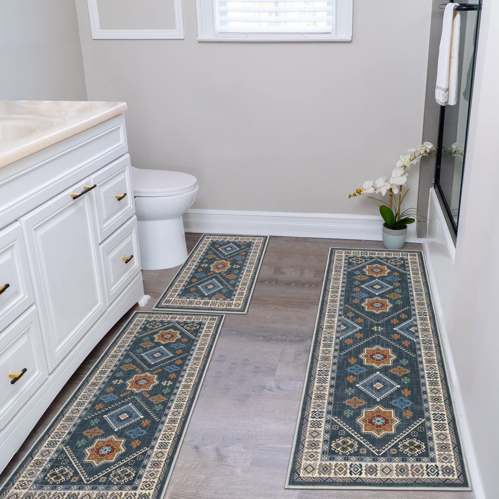HEBE RUGS Boho laundry room mat blends practicality and vintage charm.