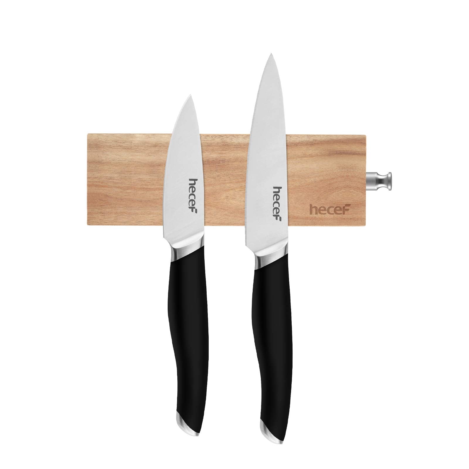 hecef magnetic knife strip on wall securely holds knives, saving counter space.
