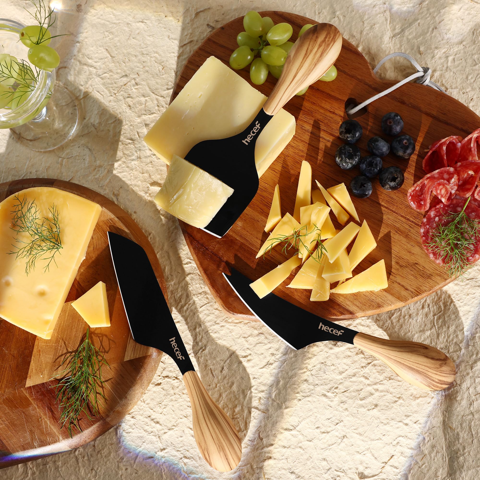 hecef charcuterie board setup with the knife set ready for serving