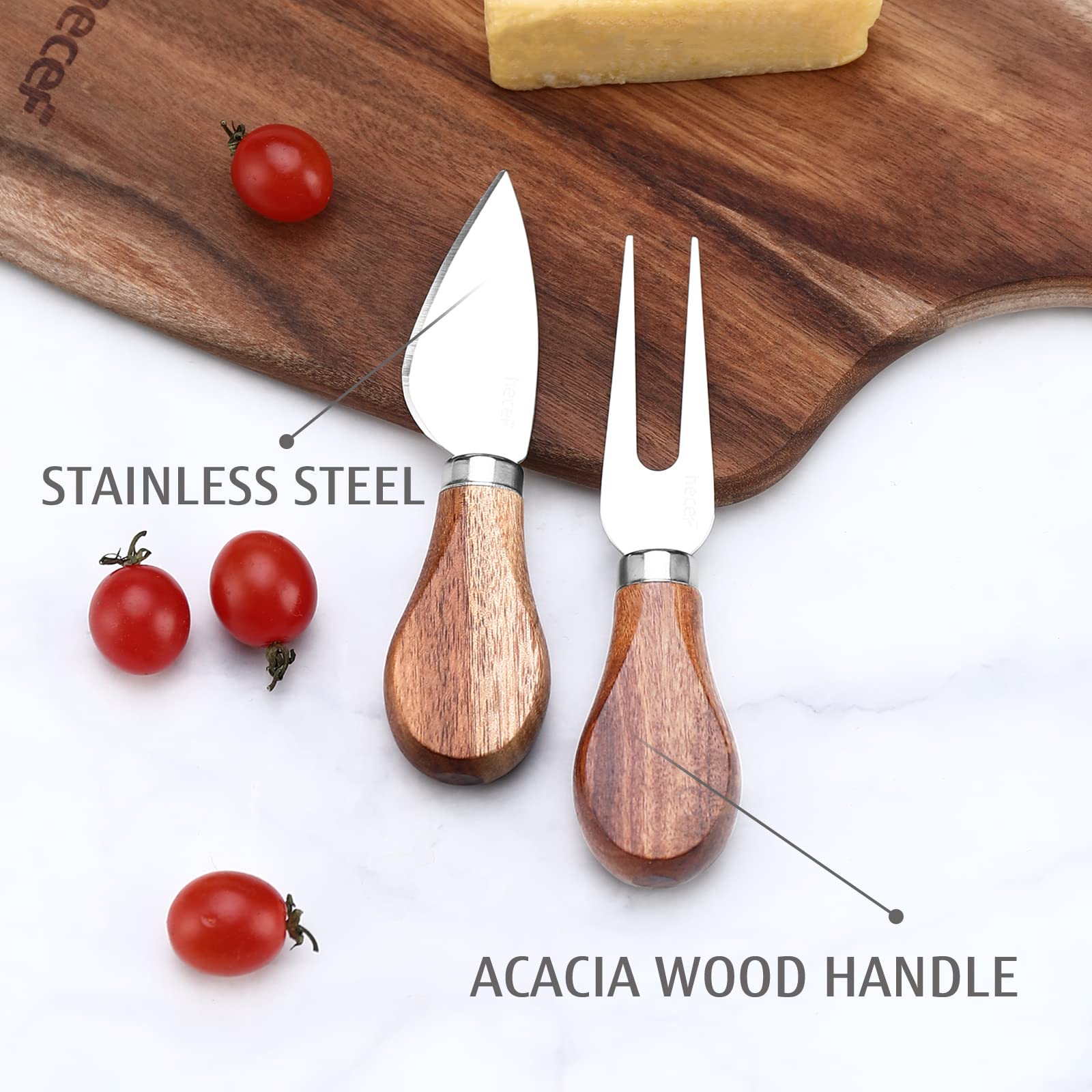 Hecef cheese board includes knife and fork for serving