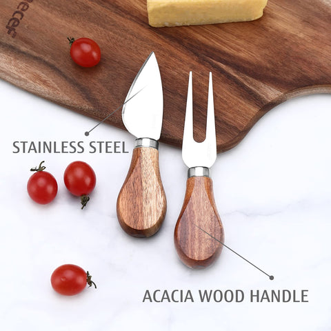 Hecef cheese board includes knife and fork for serving