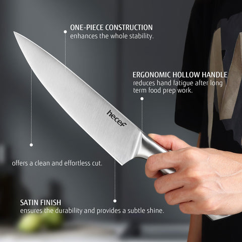 hecef Silver satin-finish blade close-up highlights smooth cutting surface