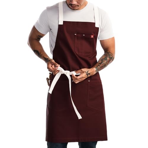 Hedley & Bennett crossback apron pockets close-up showing ergonomic straps reducing neck strain.
