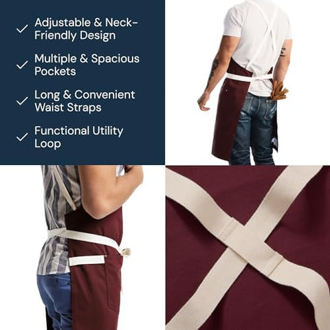 Hedley & Bennett house red apron with full coverage for chefs and home cooks.
