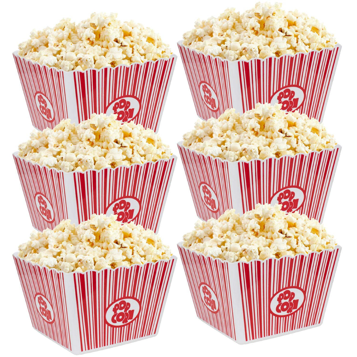 Hedume popcorn containers with red-white stripes, square top view, ideal for movie night.