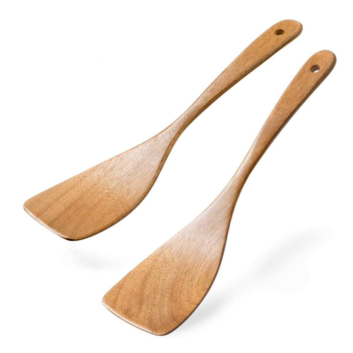 Hefild curved wooden spatula in use for flipping, gentle on nonstick pans