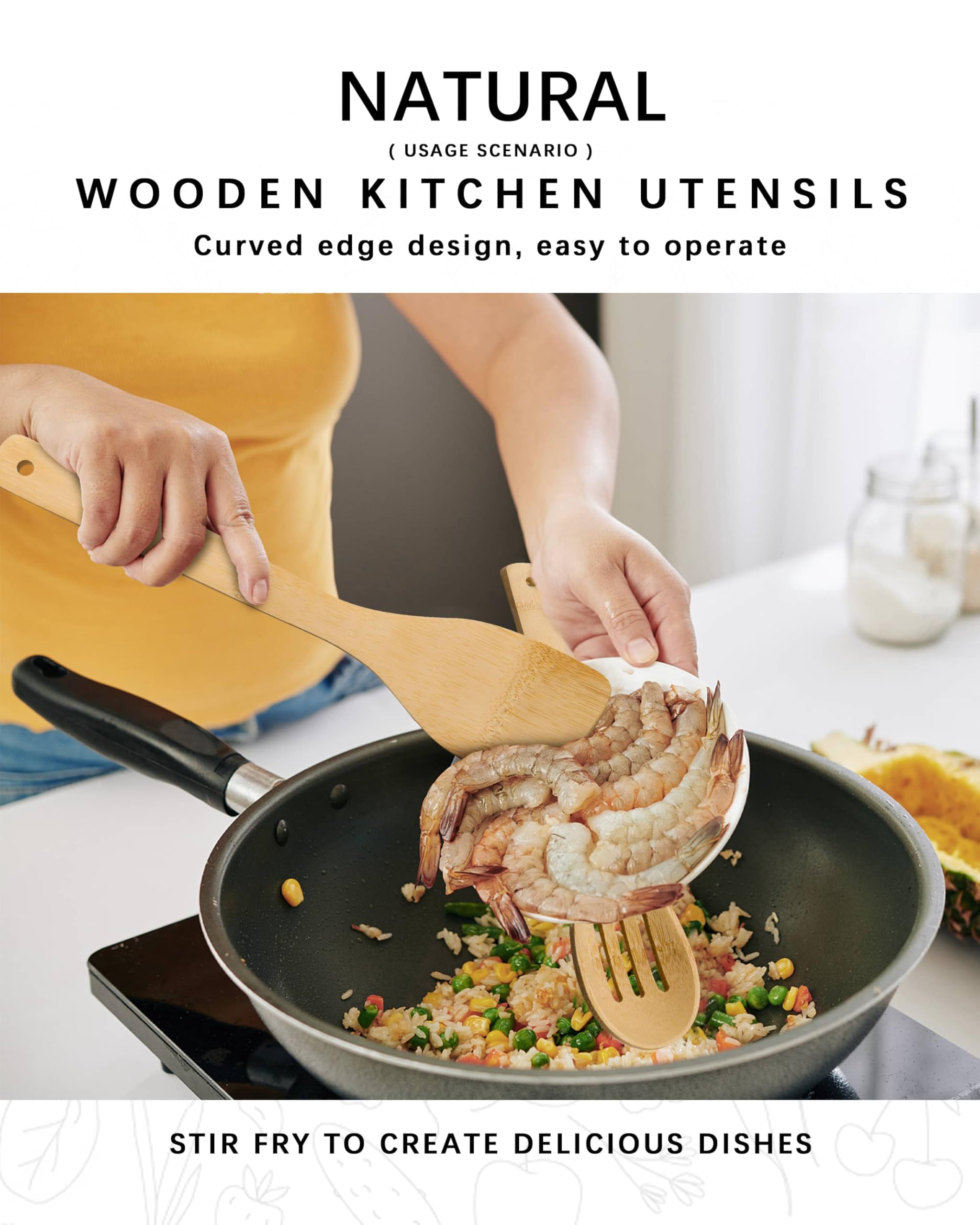 Hefild bamboo utensils on a countertop adding minimalist elegance.