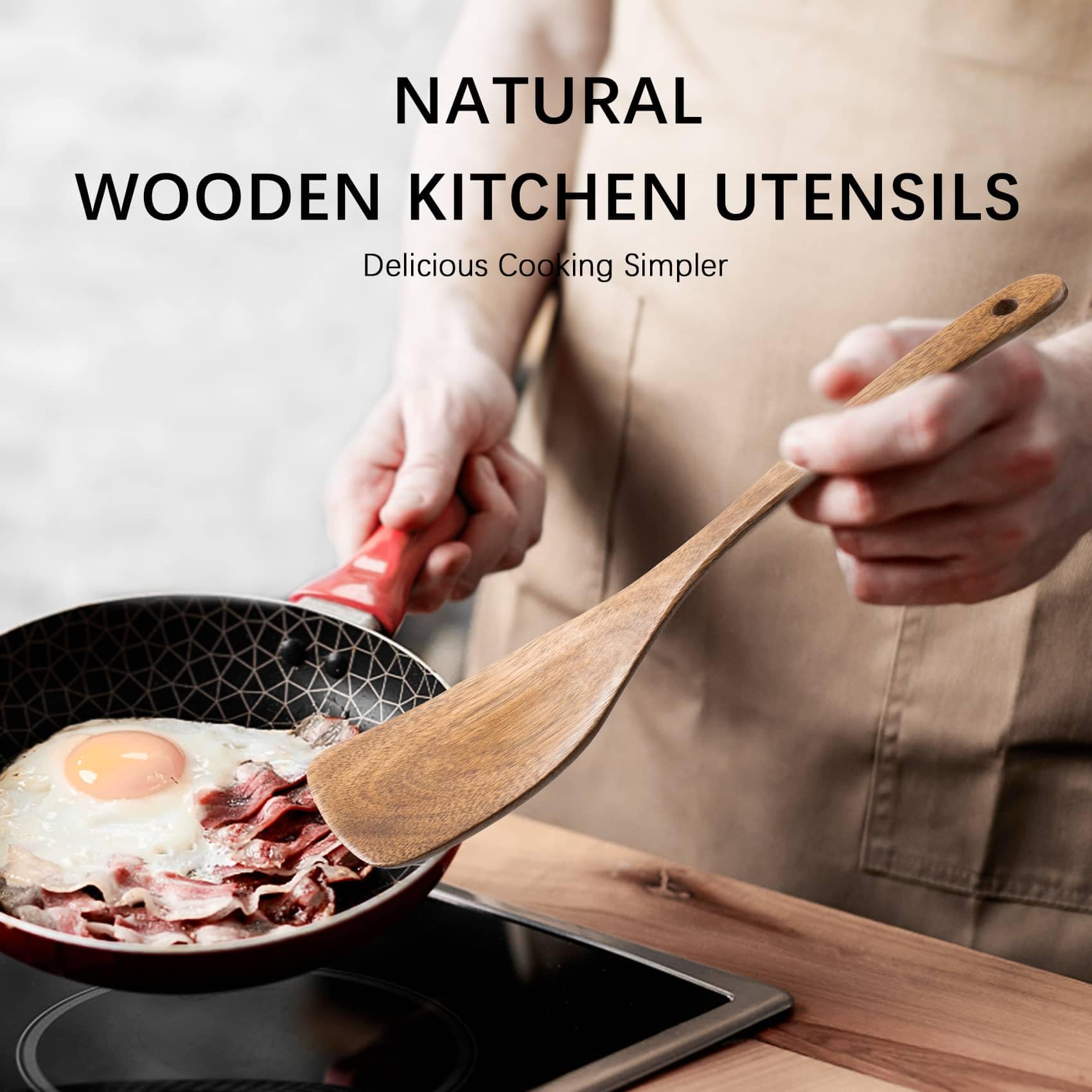 Hefild long-handle spatula reaching into a deep wok