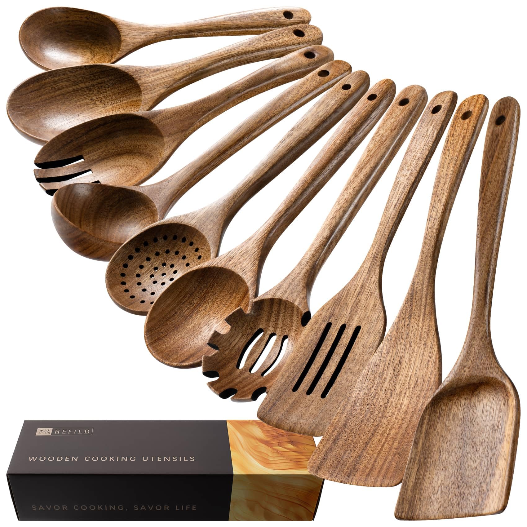 Hefild wooden spoons and spatulas on the counter, gentle on nonstick cookware