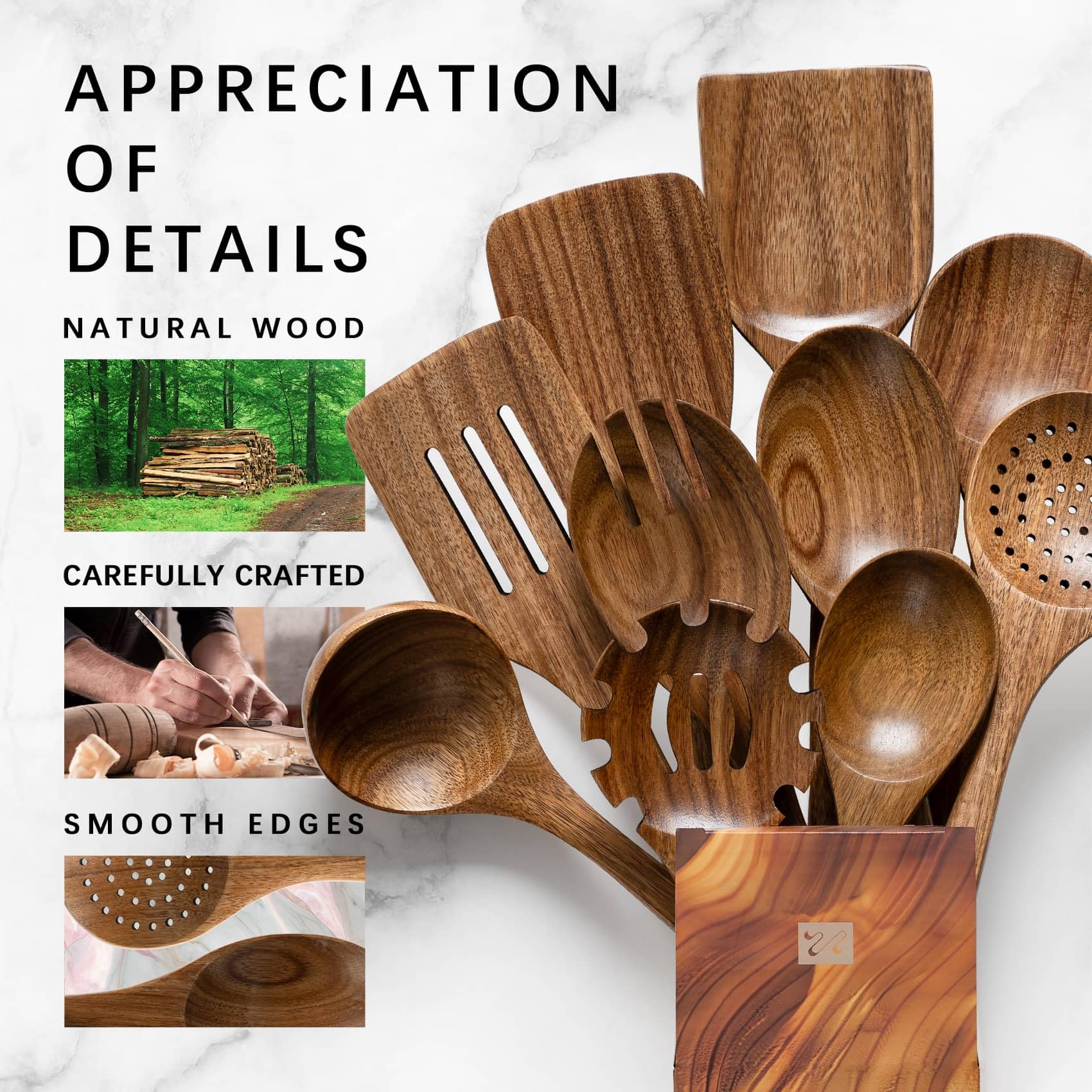Hefild wooden utensils in a drawer for easy access