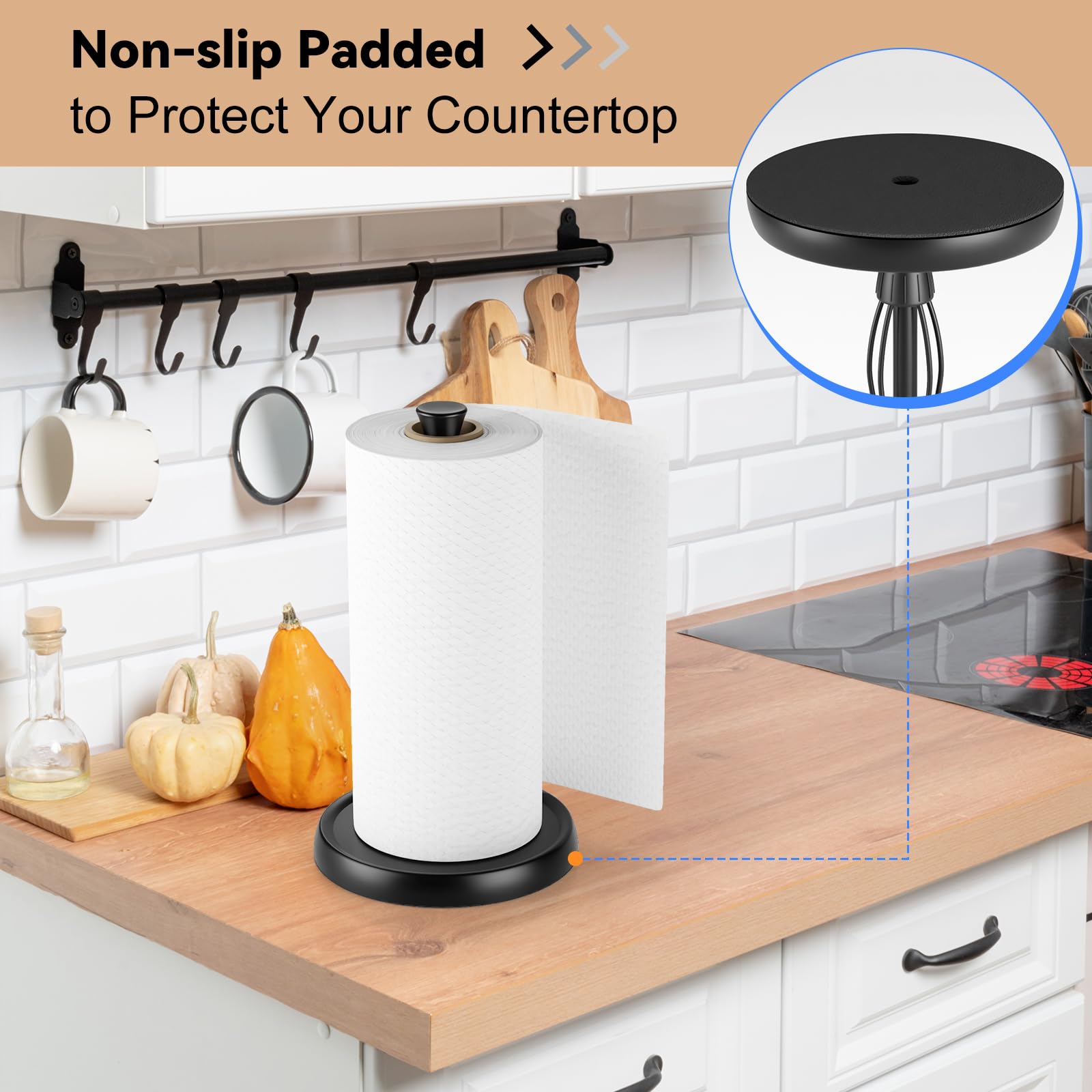 Hegivoc paper towel holder on kitchen counter in use.