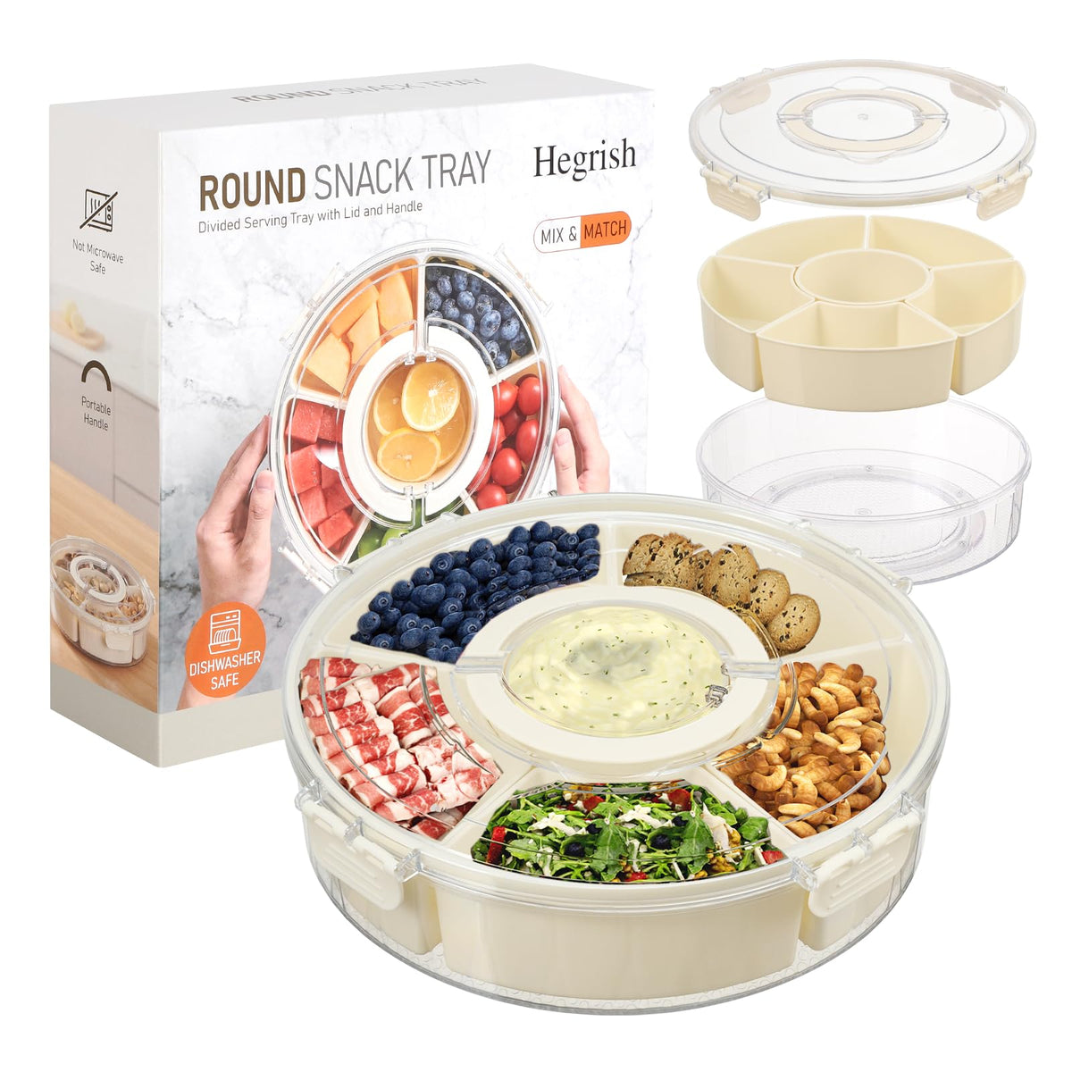 Hegrish divided rotating tray with lid and handle for organized serving on the go.