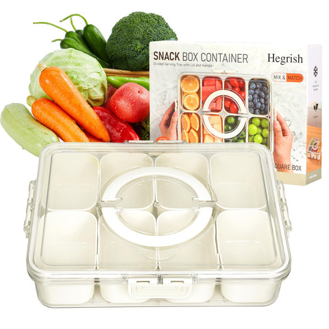 Hegrish snack box container with lid showing eight divided compartments for organized snacks.