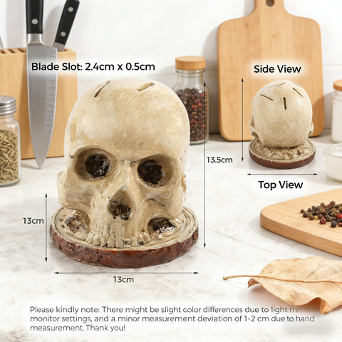 HeiheiTom life-size skull knife block keeps knives organized and within reach.