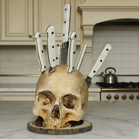 HeiheiTom skull knife holder with hand-painted detail for stylish kitchen organization.