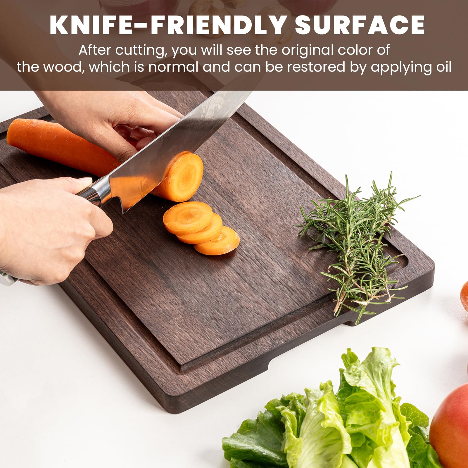 Knife-friendly walnut surface on Heimlove board supporting smooth cuts.